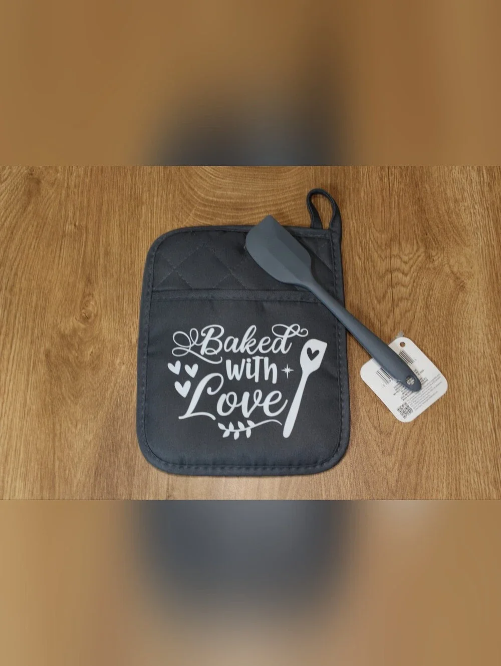 Handmade Gray Kitchen Potholder With Silicone Spatula
